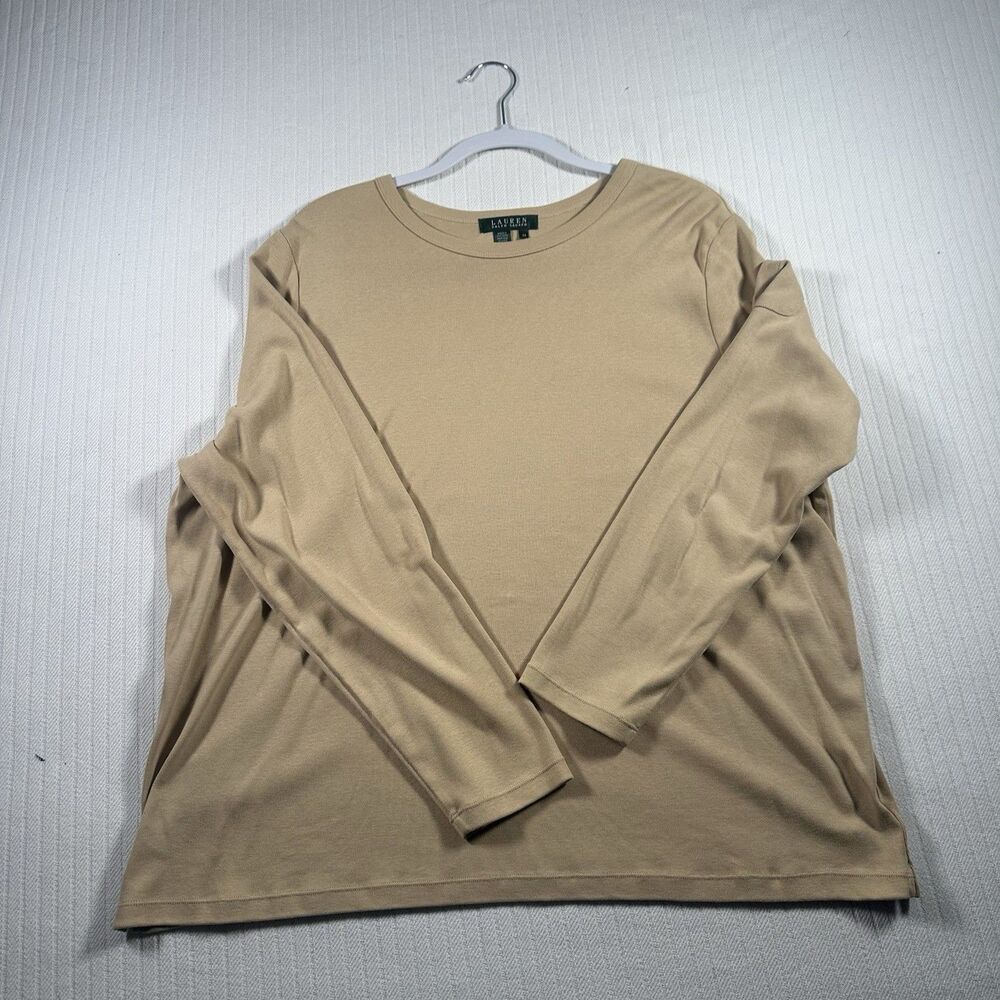 Ralph Lauren Women’s 3X Plus Size Beige Yellow Long Sleeve Crewneck Shirt Top
